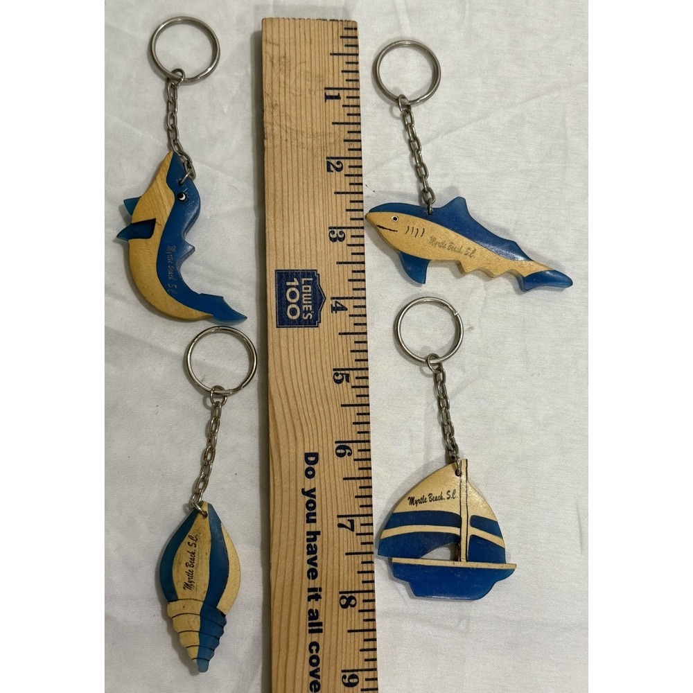 Lot of 4 Souvenir Keyrings Myrtle‎ Beach, SC Shell, Dolphin, Sailboat, Shark